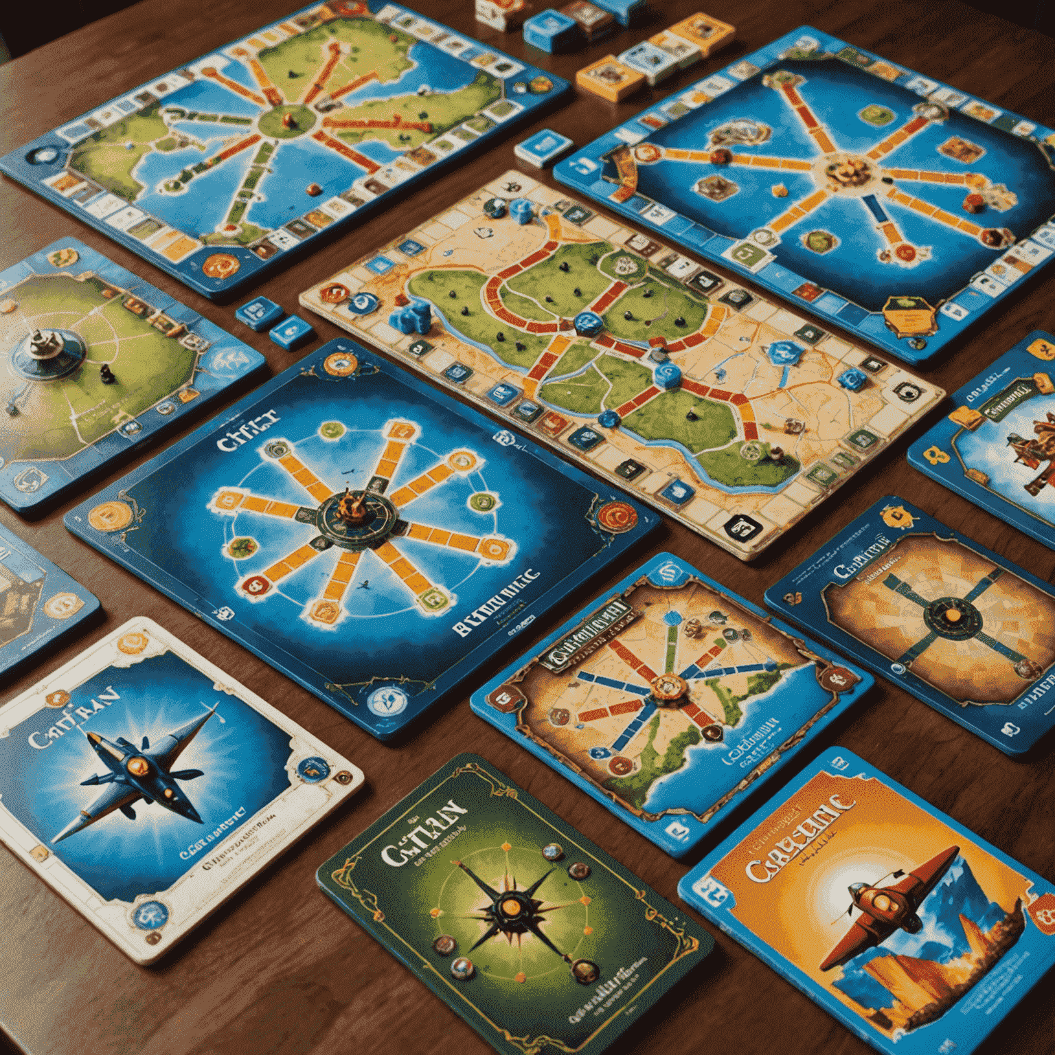 Five beginner-friendly board games laid out on a table, including Ticket to Ride, Catan, Pandemic, Azul, and Carcassonne