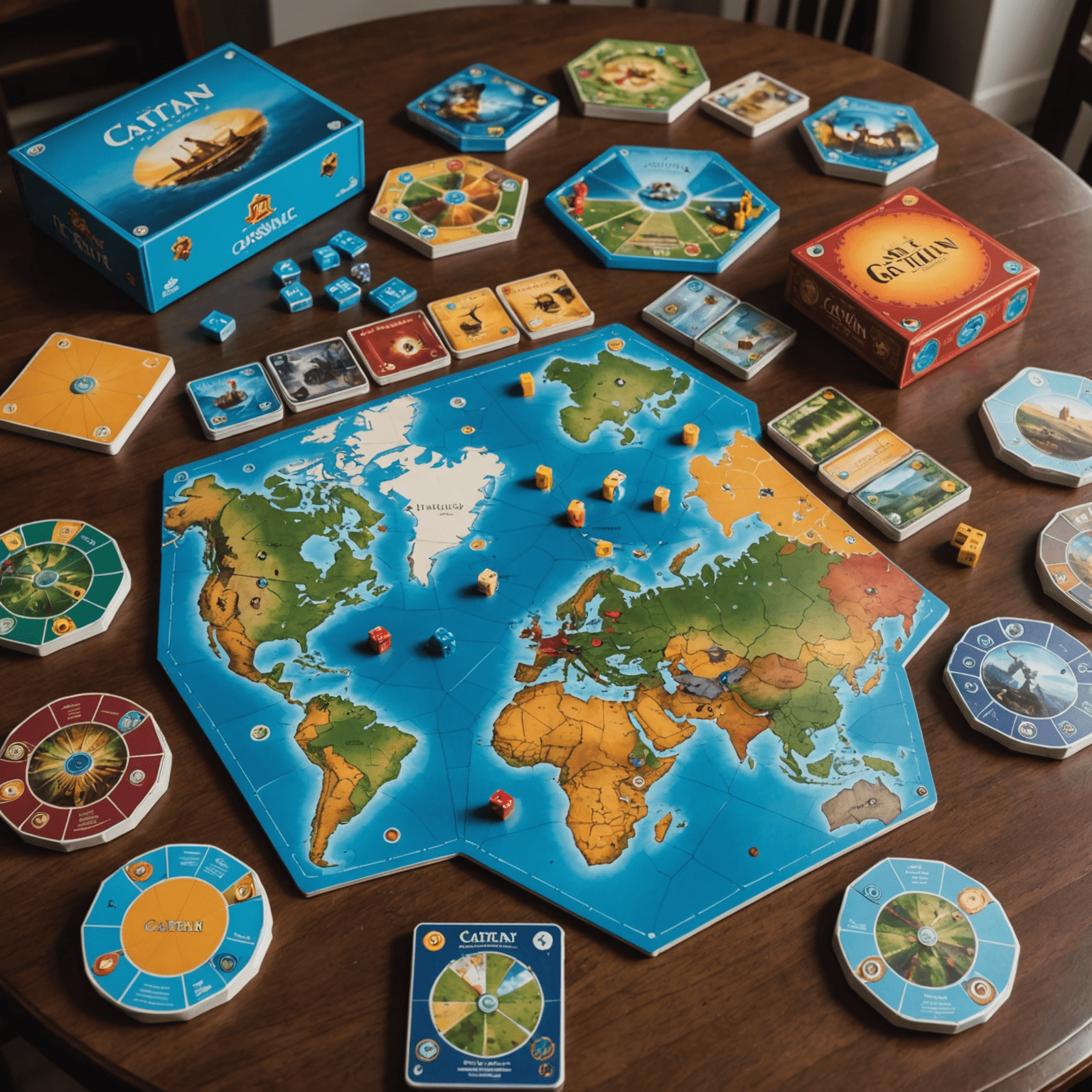 Five board games laid out on a table, including Catan, Ticket to Ride, Carcassonne, Pandemic, and Azul. The games are arranged in a fan shape, showcasing their colorful boxes and game components.