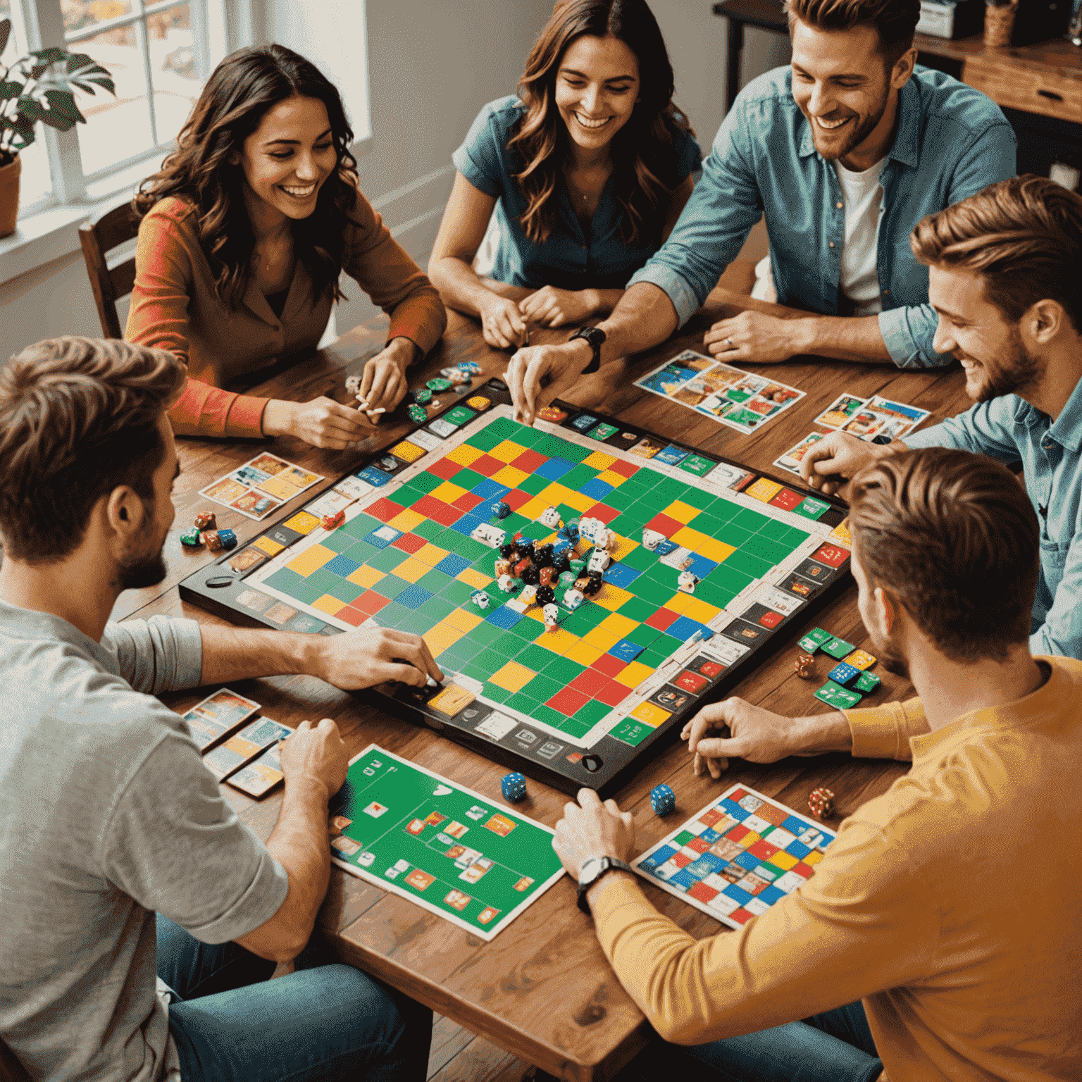 A group of friends gathered around a table, playing board games. The table is filled with colorful game boards, cards, and dice. Everyone is smiling and engaged in the game.