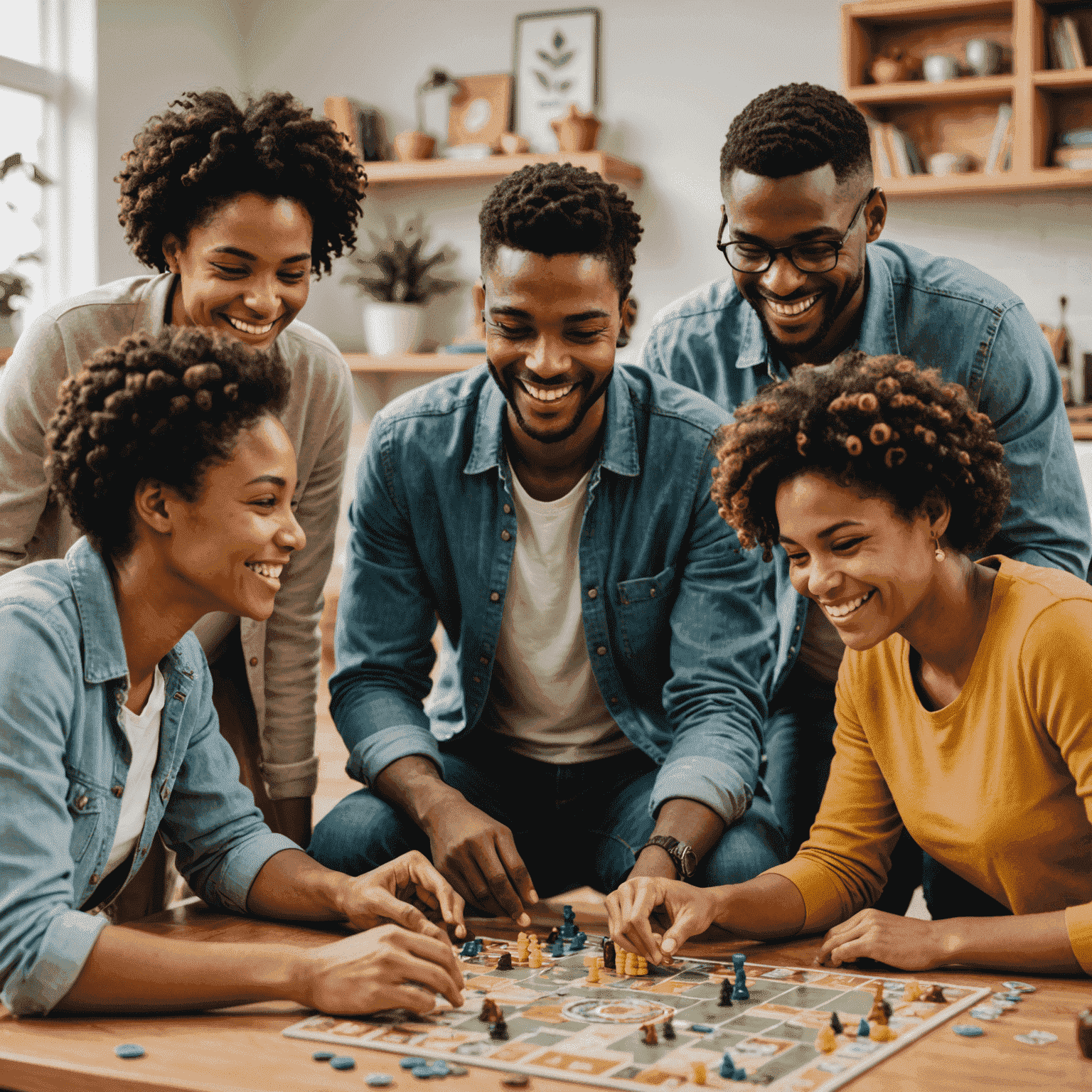 A group of diverse people playing a board game, smiling and interacting positively. The image showcases good board game etiquette with players respectfully taking turns and maintaining a friendly atmosphere.