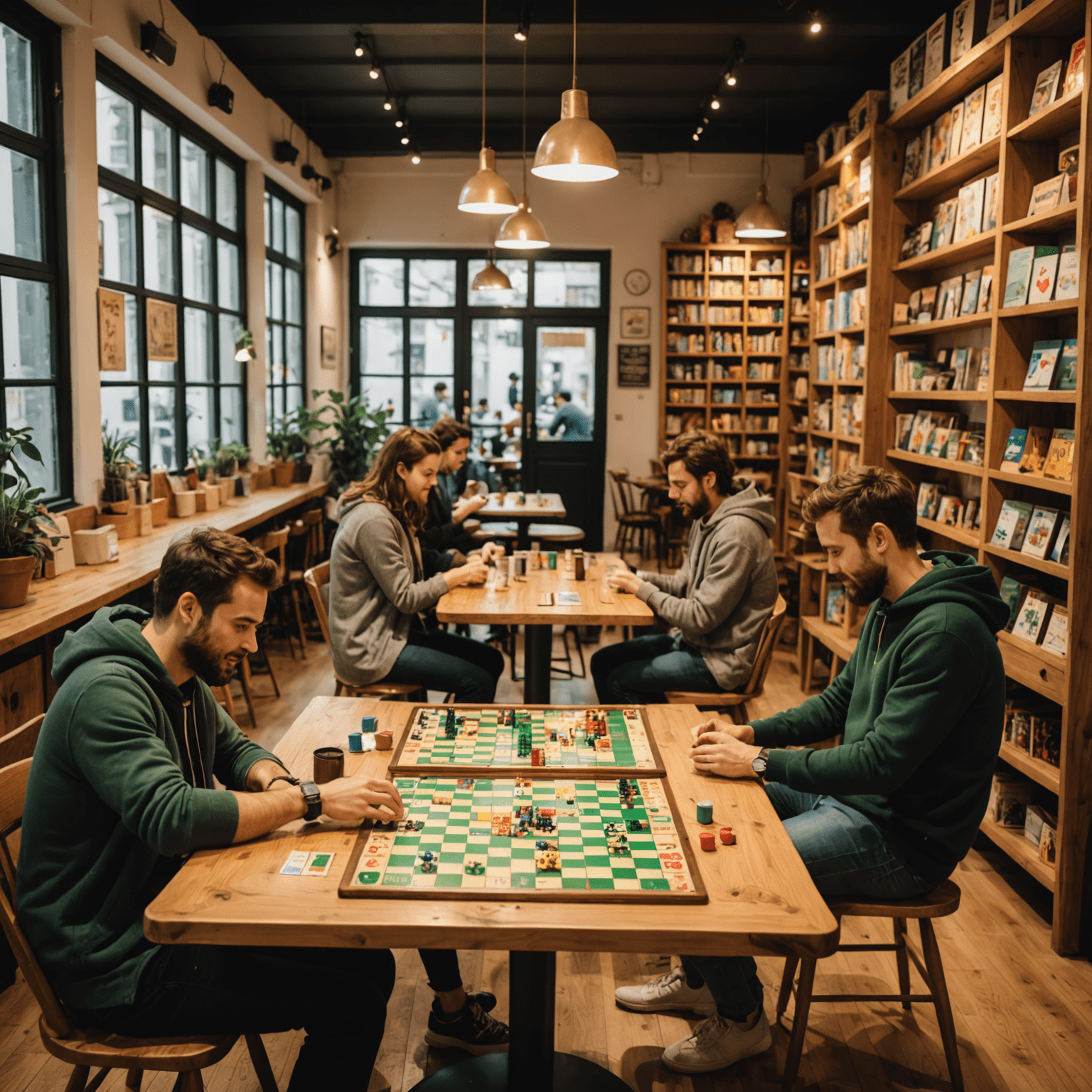 A cozy board game cafe in Lisbon with wooden tables, shelves full of colorful board games, and people playing games while enjoying coffee
