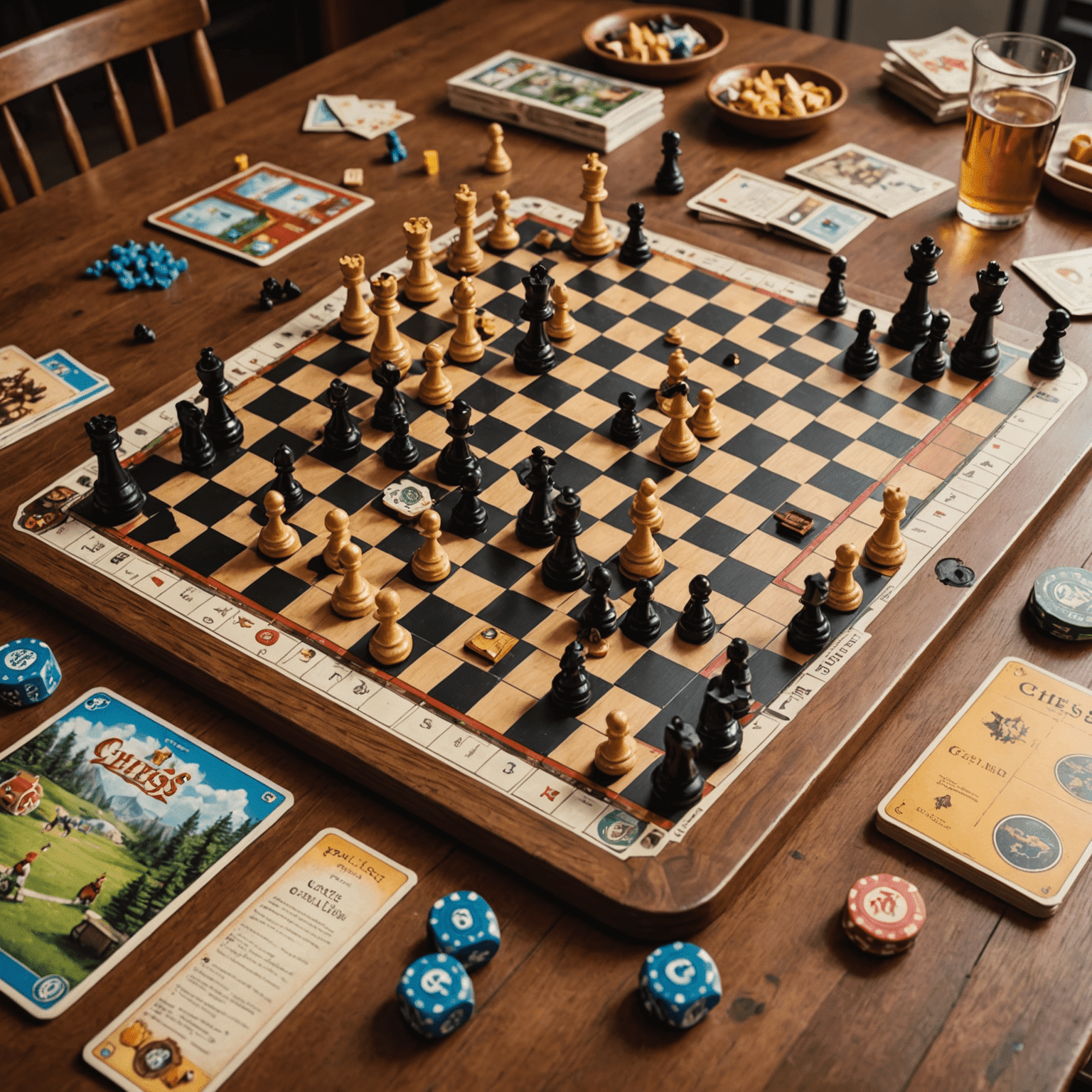 A collection of popular board games including chess, Catan, and Ticket to Ride spread out on a wooden table