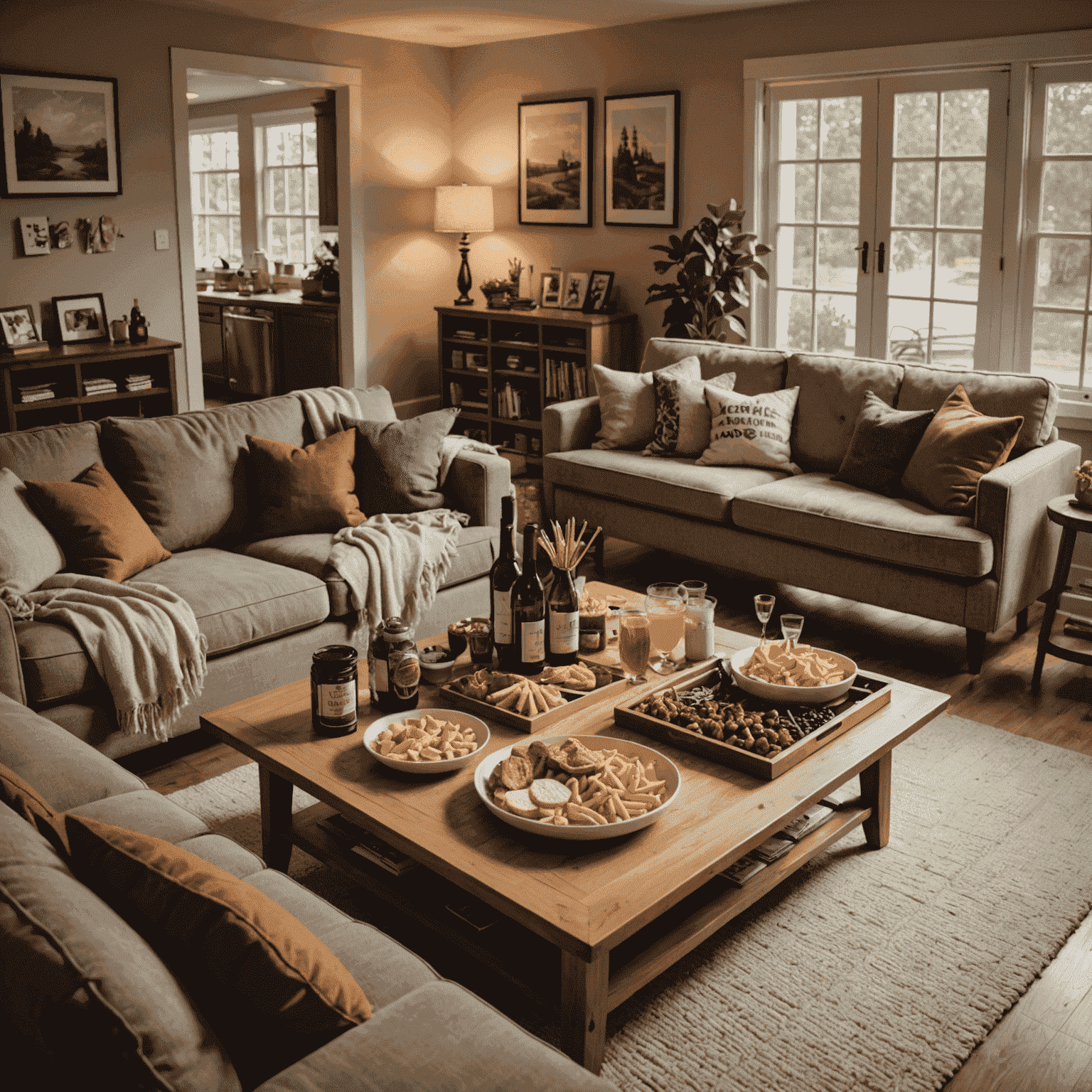 A cozy living room setup for a game night, featuring a table with snacks, drinks, and various board games ready to be played