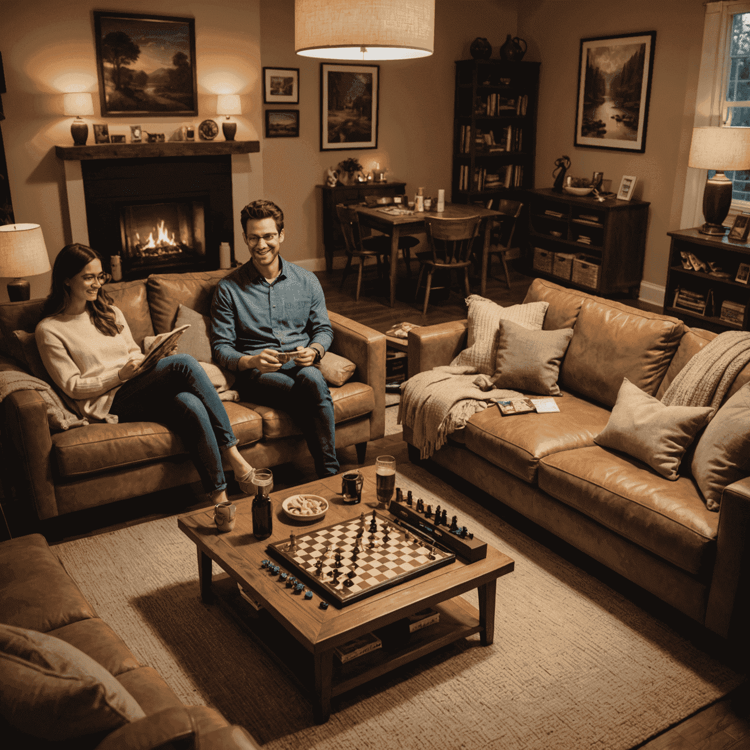 A cozy living room setup for a game night, featuring a coffee table with various board games, snacks, and drinks. Comfortable seating surrounds the table, and warm lighting creates an inviting atmosphere.