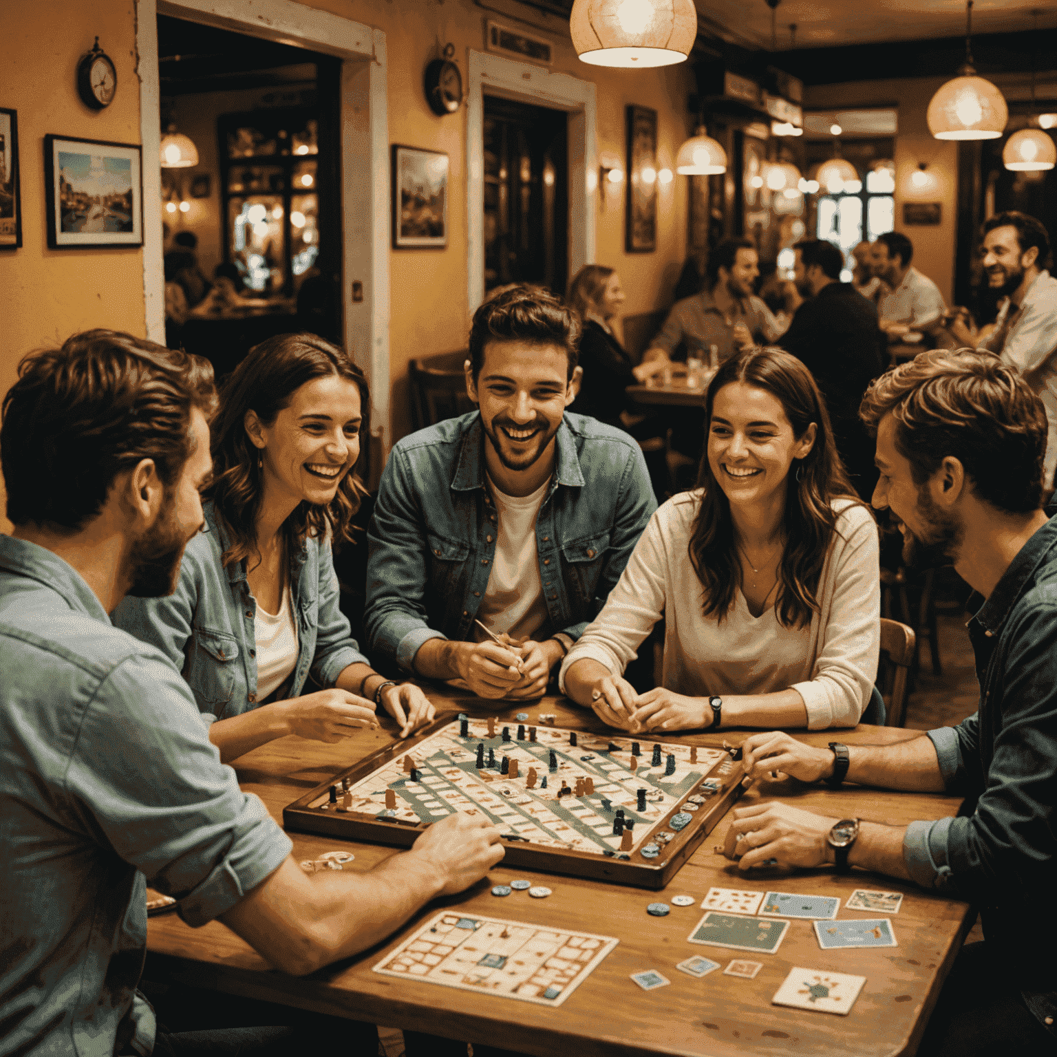 A lively game night scene in a Lisbon cafe with groups of people engaged in various board games, laughing and strategizing