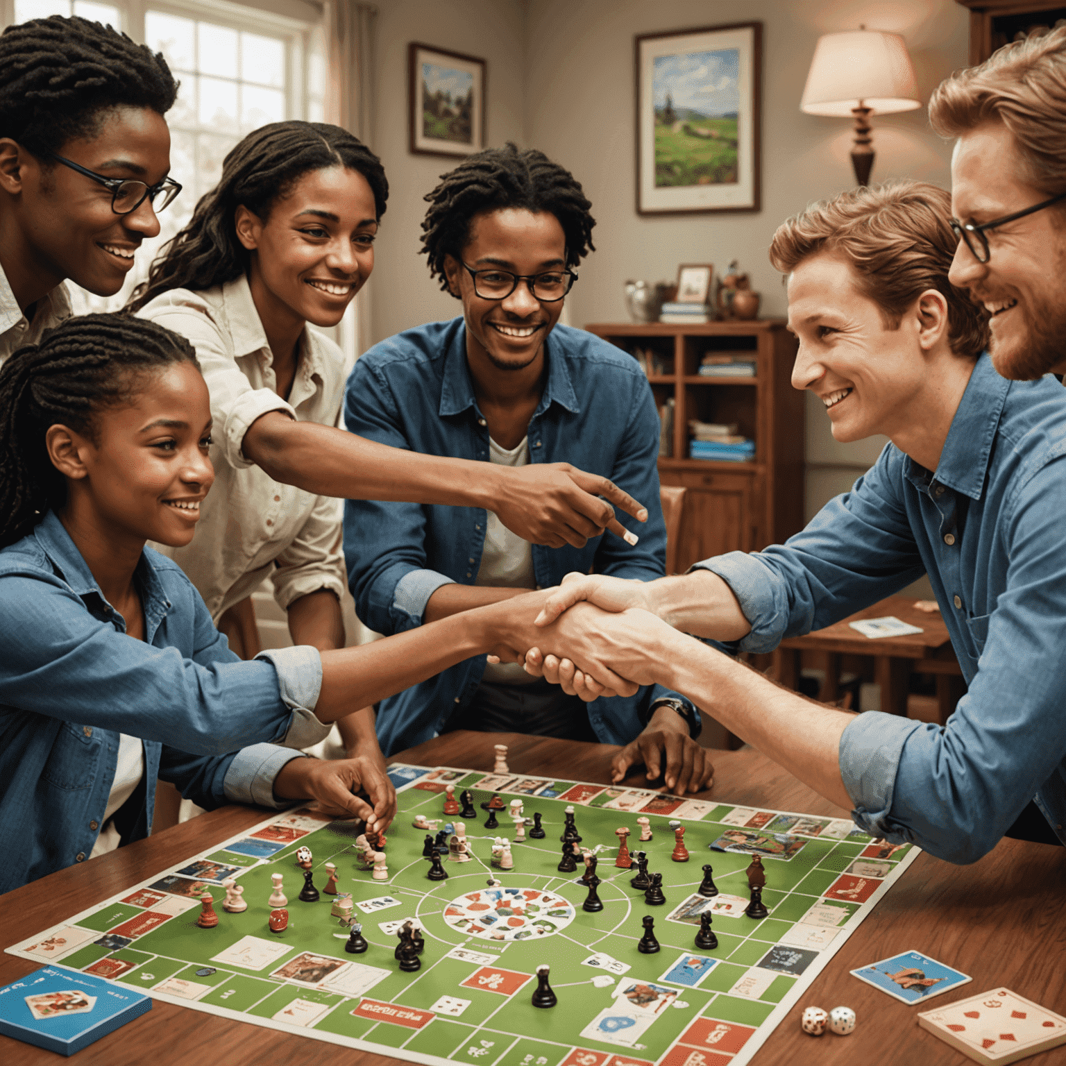 Illustration showing proper board game etiquette: players shaking hands, organizing game pieces, and reading rules together