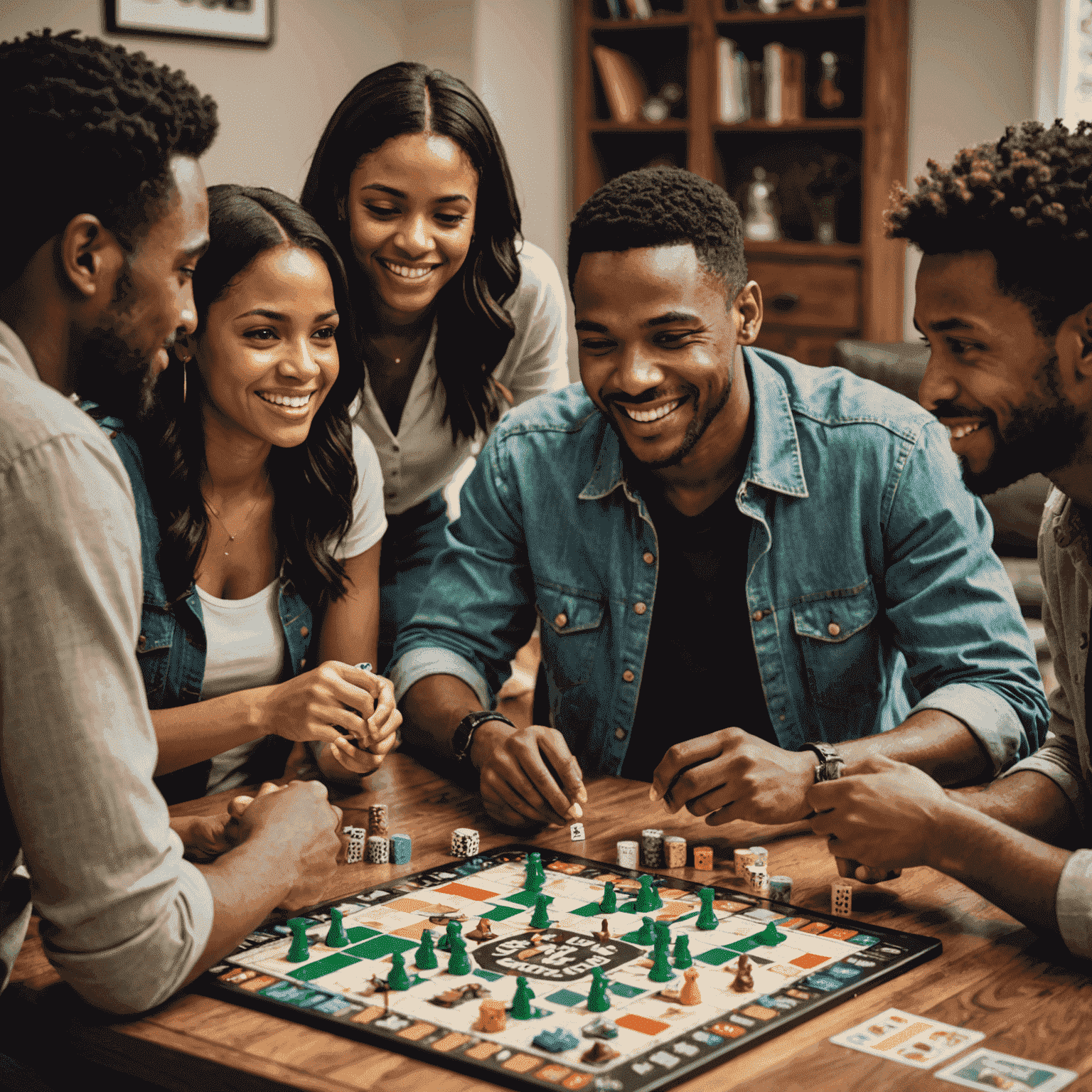 A group of diverse people playing a board game, demonstrating good etiquette. One person is explaining rules, another is patiently waiting their turn, and others are engaged in friendly conversation. The image showcases positive gaming behavior.