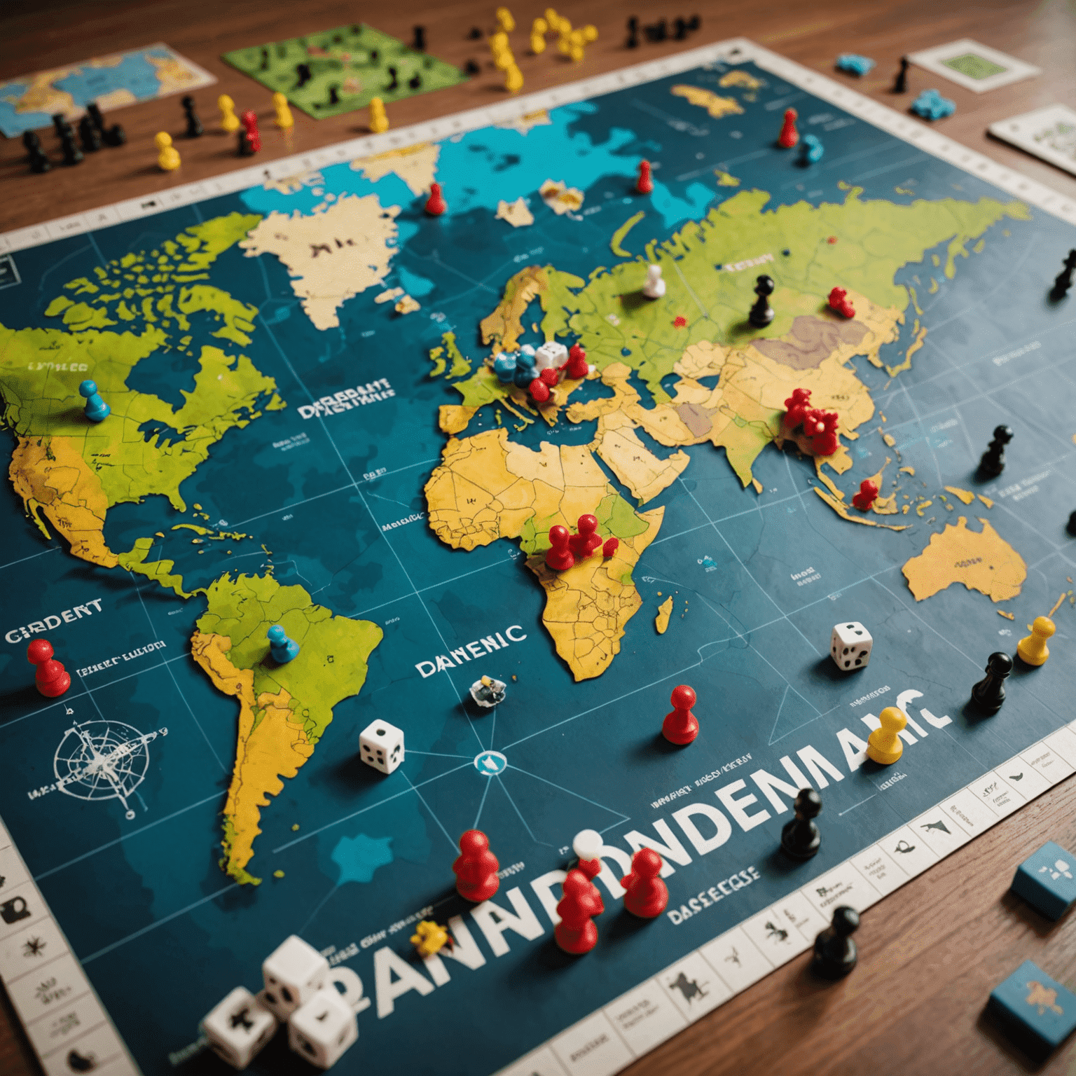 Pandemic game board showing a world map with disease cubes and player pawns
