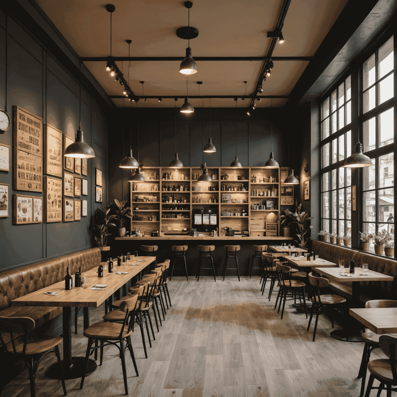 A modern board game cafe in Porto with industrial-chic decor, featuring long tables perfect for group gaming sessions