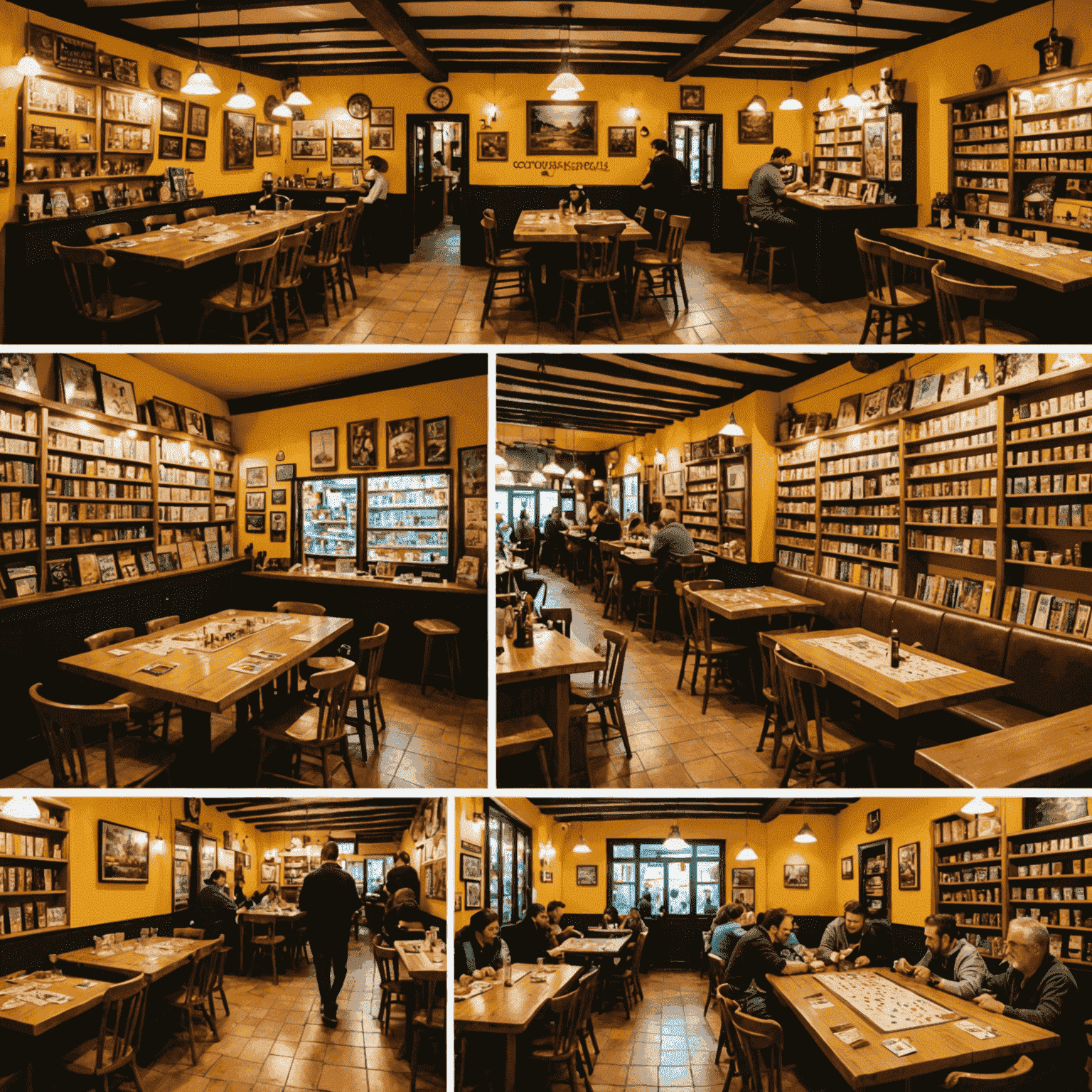A collage of Portuguese board game cafes, showing cozy interiors with shelves full of games, tables with people playing, and traditional Portuguese decor elements. The image captures the vibrant board gaming culture in Portugal.