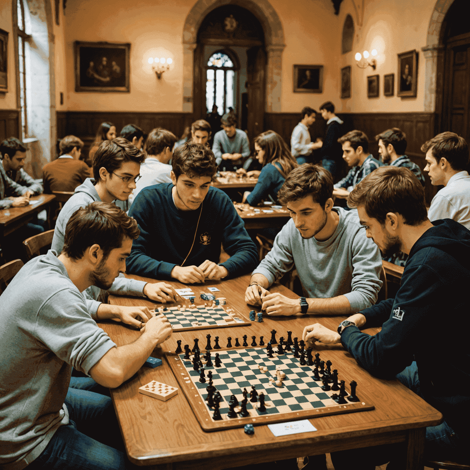 A bustling game club at the University of Coimbra, with students gathered around tables playing various strategy games
