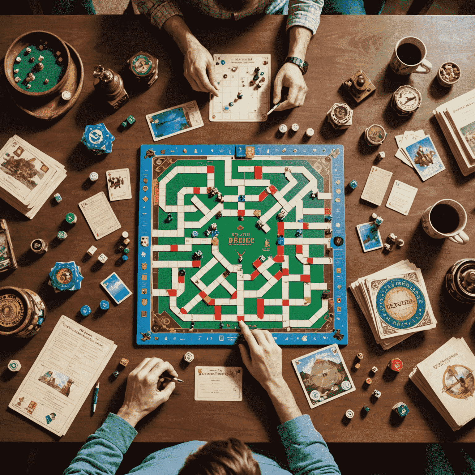 A montage showing a player's journey from beginner to pro. The image includes a person reading rule books, practicing strategies, participating in tournaments, and finally winning a competition. Various board game pieces and trophies are scattered throughout the composition.