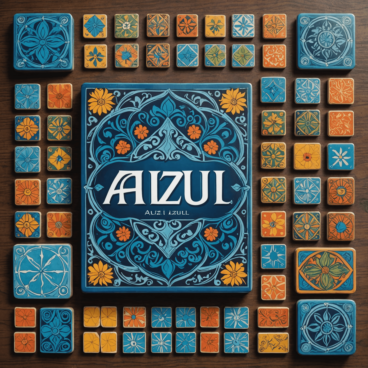 Azul game components including colorful tiles and player boards
