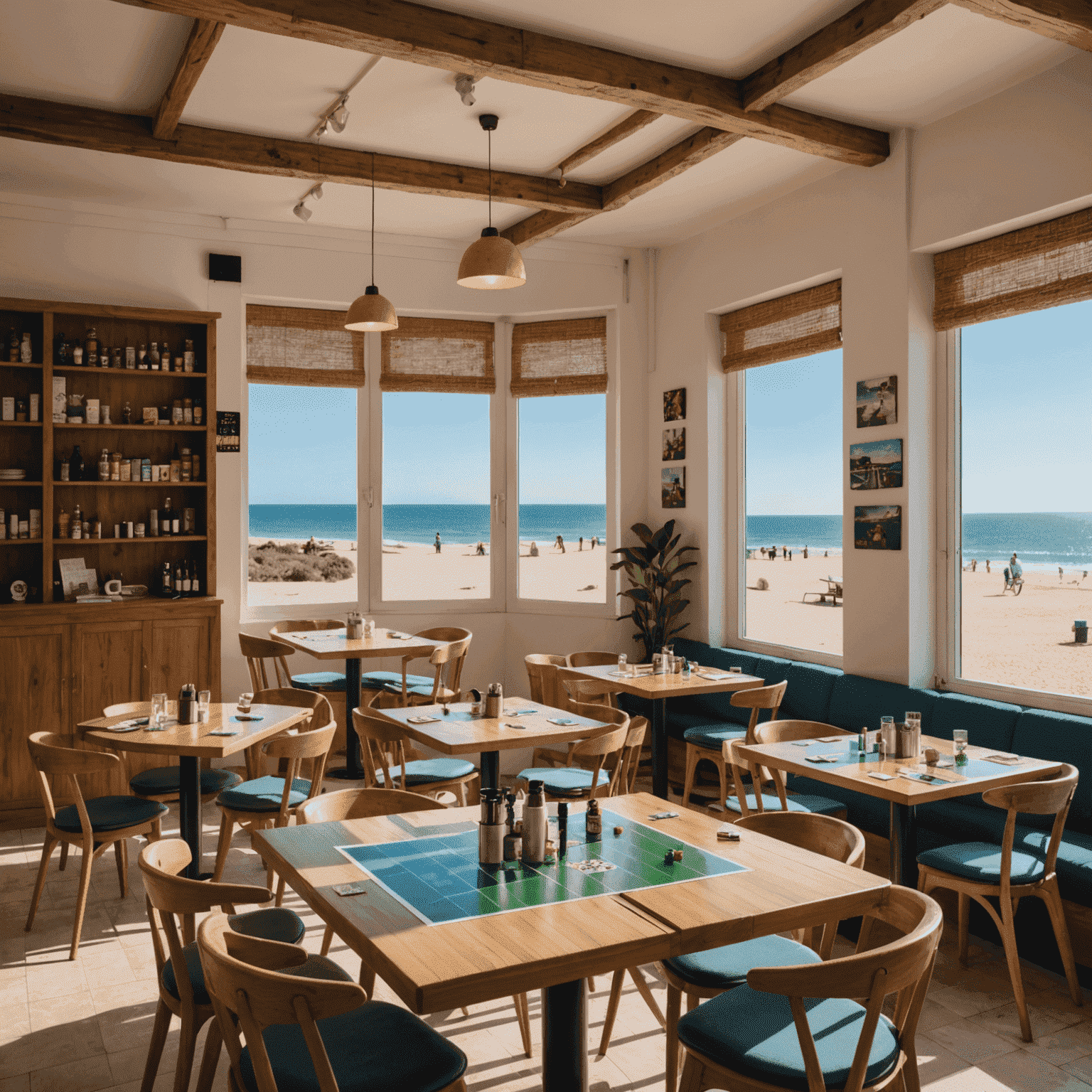 A relaxed board game cafe near the beach in Faro, with large windows offering sea views and tables set up for gaming